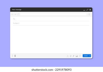 Blank email screen. Mail message interface blank mockup internet window computer, box page web software browser vector 10 rps.