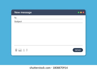 Blank email template. Writing new message form. Mailing app screen interface. Empty page for text. Vector illustration.