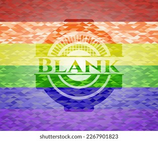 Emblema en blanco sobre fondo de mosaico con los colores de la bandera LGBT. 