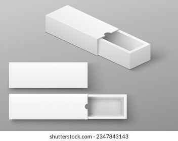 Caja de cartón vacía en blanco, caja corredera realista, aislada sobre fondo gris. Ilustración vectorial del paquete de almacenamiento minorista o contenedor de regalo preparado para la marca