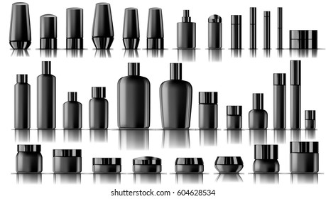 Blank Empty And Clean Black Plastic Cosmetic Package Big Set. EPS10 Vector