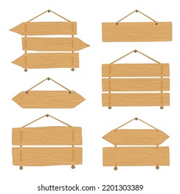 Blank or empty, clear isolated hanging wooden planks or signboards. Signs for messages or pointers with arrow for pathfinding. Signpost at wall, information