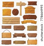 Blank or empty, clear isolated wooden planks or signboards. Set of vintage or old, retro banners with nails. Signs for messages or pointers with arrow for pathfinding. Signpost at desert, information