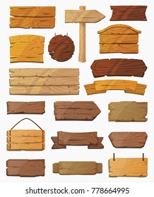 Blank or empty, clear isolated wooden planks or signboards. Set of vintage or old, retro banners with nails. Signs for messages or pointers with arrow for pathfinding. Signpost at desert, information