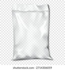 Blank empty clear plastic pillow bag. Realistic 3d mock-up. Transparent polythene pouch package. Vector mockup. Glossy cellophane sachet packet packaging. Template for design