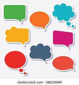 Blank empty colorful speech bubbles collection set with shadows and white border stroke isolated on white background. Vector illustration 