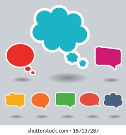 Blank empty colorful speech bubbles collection set with shadows and white border stroke isolated on gray background. Vector illustration 