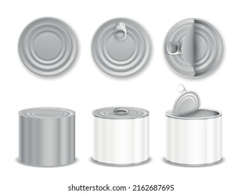 Blank empty cylinder shaped aluminium tin cans with and without pull rings realistic set isolated vector illustration