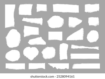 Blank empty paper shapes with jagged uneven edges. Vector isolated set of torn pages of document, newspaper or book. Fragments and pieces for banners, ripped notes for message or labels