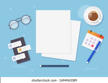 Blank empty paper sheet document for copy space text on workplace table desk top view or blank pages flat lay desktop vector illustration, concept of education or learning workspace