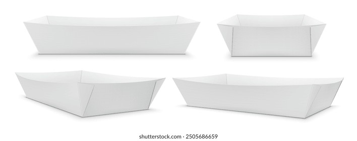 Blank empty paper universal tray for hot dog, sandwich, other fastfood. Set of various mockup views for design presentation. Vector realistic package template illustration isolated on white background