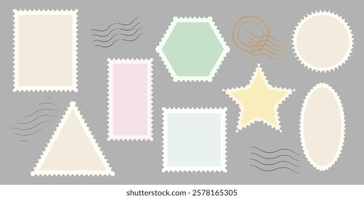 Blank empty postage stamps templates for mail correspondence, postcard letter paper sticker isolated set. square, rectangle, oval, star, triangle, round hexagon post badge shapes vector illustration