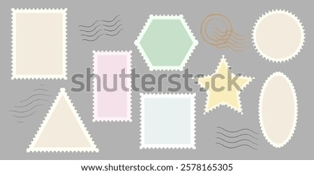 Blank empty postage stamps templates for mail correspondence, postcard letter paper sticker isolated set. square, rectangle, oval, star, triangle, round hexagon post badge shapes vector illustration