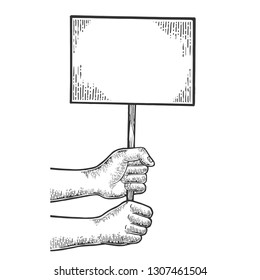 Blank empty poster on demonstration in hands engraving vector illustration. Scratch board style imitation. Black and white hand drawn image.