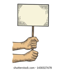 Blank empty poster on demonstration in hands color sketch engraving vector illustration. Scratch board style imitation. Black and white hand drawn image.