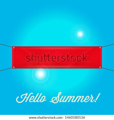 Blank Empty Red Banner. Hello Summer Sunny Blue Background Vector Illustration.