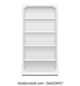 Blank Empty Rounded Showcase Display With Retail Shelves. 3D. Front View. Mock Up, Template. Illustration Isolated On White Background. Ready For Your Design. Product Advertising. Vector EPS10