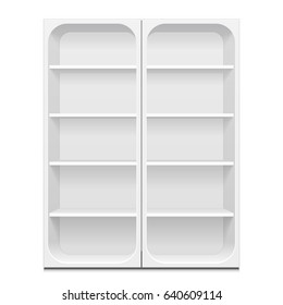Blank Empty Rounded Showcase Display With Retail Shelves. 3D. Front View. Mock Up, Template. Illustration Isolated On White Background. Ready For Your Design. Product Advertising. Vector EPS10