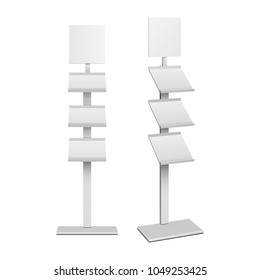 Blank Empty Show Box Holder For Fliers, LeafletsRetail. Shelves Floor Display Rack For Supermarket, Bank. Mock Up. 3D On White Background Isolated. Ready For Your Design. Product Advertising. Vector