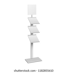 Blank Empty Show Box Holder For Fliers, LeafletsRetail. Shelves Floor Display Rack For Supermarket, Bank. Mock Up. 3D On White Background Isolated. Ready For Your Design. Product Advertising. Vector