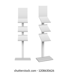 Leere Blank-Leer-Schachtelhalter für Flyer, FaltblätterEinzelhandel. Regal Floor Display Rack für Supermarkt, Bank. Komm rauf. 3D auf weißem Hintergrund einzeln. Bereit für Ihr Design. Produktwerbung. Vektorgrafik