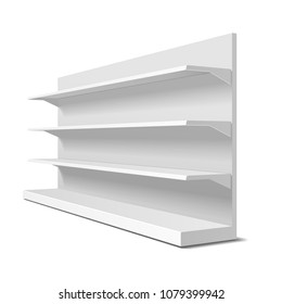 Blank Empty Showcase Display With Retail Shelves. 3D. Side View. Mock Up, Template. Illustration Isolated On White Background. Ready For Your Design. Product Advertising. Vector EPS10