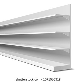 Blank Empty Showcase Display With Retail Shelves. 3D. Side View. Mock Up, Template. Illustration Isolated On White Background. Ready For Your Design. Product Advertising. Vector EPS10