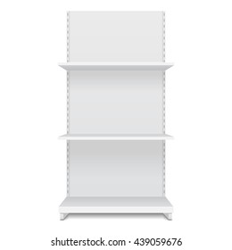 Blank Empty Showcase Display With Retail Shelves. Front View 3D. Illustration Isolated On White Background. Mock Up Template Ready For Your Design. Product Advertising. Vector EPS10