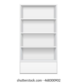 Blank Empty Showcase Display With Retail Shelves. 3D. Front View. Mock Up, Template. Illustration Isolated On White Background. Ready For Your Design. Product Advertising. Vector EPS10