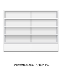 Blank Empty Showcase Display With Retail Shelves. 3D. Front View. Mock Up, Template. Illustration Isolated On White Background. Ready For Your Design. Product Advertising. Vector EPS10