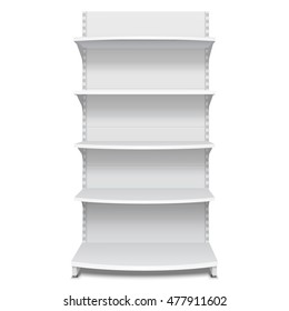 Pantalla En Blanco Vacía Con Estantes Comerciales. 3D. Vista frontal. Maquetea, Plantilla. Ilustración Aislada En Fondo Blanco. Listo Para Su Diseño. Publicidad de producto. Vector EPS10