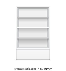 Blank Empty Showcase Display With Retail Shelves. 3D. Front View. Mock Up, Template. Illustration Isolated On White Background. Ready For Your Design. Product Advertising. Vector EPS10