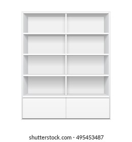 Pantalla En Blanco Vacía Con Estantes Comerciales. 3D. Vista frontal. Maquetea, Plantilla. Ilustración Aislada En Fondo Blanco. Listo Para Su Diseño. Publicidad de producto. Vector EPS10