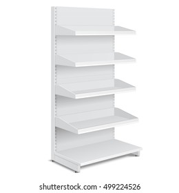Pantalla En Blanco Vacía Con Estantes Comerciales, Bandeja Comercial. Maquetea, Plantilla. Ilustración Aislada En Fondo Blanco. Listo Para Su Diseño. Publicidad de producto. Vector EPS10.