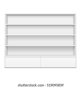 Pantalla En Blanco Vacía Con Estantes Comerciales. 3D. Vista frontal. Maquetea, Plantilla. Ilustración Aislada En Fondo Blanco. Listo Para Su Diseño. Publicidad de producto. Vector EPS10