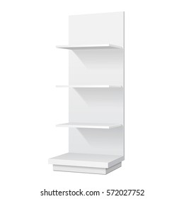 Blank Empty Showcase Display With Retail Shelves. Perspective View 3D. Illustration Isolated On White Background. Mock Up Template Ready For Your Design. Product Advertising. Vector EPS10