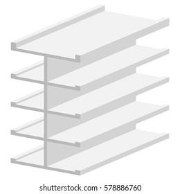 Blank Empty Showcase Display With Retail Shelves. 3D. Front View. Mock Up, Template. Illustration Isolated On White Background. Ready For Your Design. Product Advertising. Vector EPS10