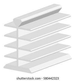 Blank Empty Showcase Display With Retail Shelves. 3D. Front View. Mock Up, Template. Illustration Isolated On White Background. Ready For Your Design. Product Advertising. Vector EPS10