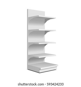 Blank Empty Showcase Display With Retail Shelves. Perspective View 3D. Illustration Isolated On White Background. Mock Up Template Ready For Your Design. Product Advertising. Vector EPS10