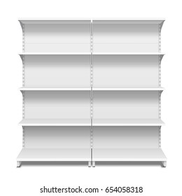 Blank Empty Showcase Display With Retail Shelves. 3D. Front View. Mock Up, Template. Illustration Isolated On White Background. Ready For Your Design. Product Advertising. Vector EPS10