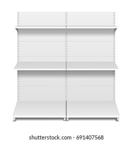 Blank Empty Showcase Display With Retail Shelves. 3D. Front View. Mock Up, Template. Illustration Isolated On White Background. Ready For Your Design. Product Advertising. Vector EPS10