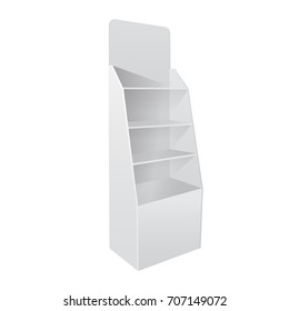 Blank empty showcase display with retail shelves. Product Advertising. Side view. Vector mock up template ready for your design for your design