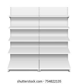 Pantalla En Blanco Vacía Con Estantes Comerciales. 3D. Vista frontal. Maquetea, Plantilla. Ilustración Aislada En Fondo Blanco. Listo Para Su Diseño. Publicidad de producto. Vector EPS10