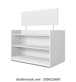 Blank Empty Showcase Displays With Retail Shelves, Trading Rack. Mock Up, Template. Illustration Isolated On White Background. Ready For Your Design. Product Advertising. Vector EPS10.