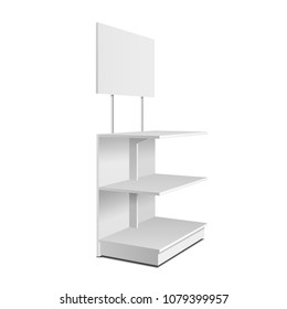 Blank Empty Showcase Displays With Retail Shelves, Trading Rack. Mock Up, Template. Illustration Isolated On White Background. Ready For Your Design. Product Advertising. Vector EPS10.