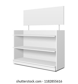 Blank Empty Showcase Displays With Retail Shelves, Trading Rack. Mock Up, Template. Illustration Isolated On White Background. Ready For Your Design. Product Advertising. Vector EPS10.