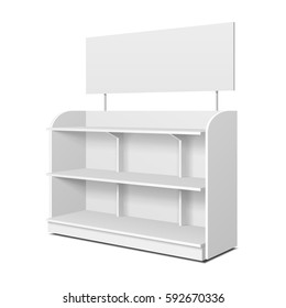 Blank Empty Showcase Displays With Retail Shelves, Trading Rack. Mock Up, Template. Illustration Isolated On White Background. Ready For Your Design. Product Advertising. Vector EPS10.