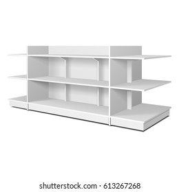 Blank Empty Showcase Displays With Retail Shelves, Trading Rack. Mock Up, Template. Illustration Isolated On White Background. Ready For Your Design. Product Advertising. Vector EPS10.