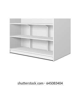 Blank Empty Showcase Displays With Retail Shelves, Trading Rack. Mock Up, Template. Illustration Isolated On White Background. Ready For Your Design. Product Advertising. Vector EPS10.