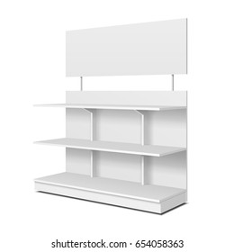 Blank Empty Showcase Displays With Retail Shelves, Trading Rack. Mock Up, Template. Illustration Isolated On White Background. Ready For Your Design. Product Advertising. Vector EPS10.